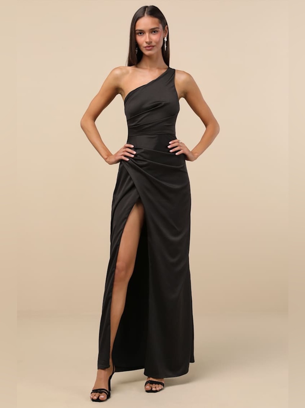 NWT Lulus Dreaming of Elegance Black Satin One-Shoulder Maxi Dress Size Large